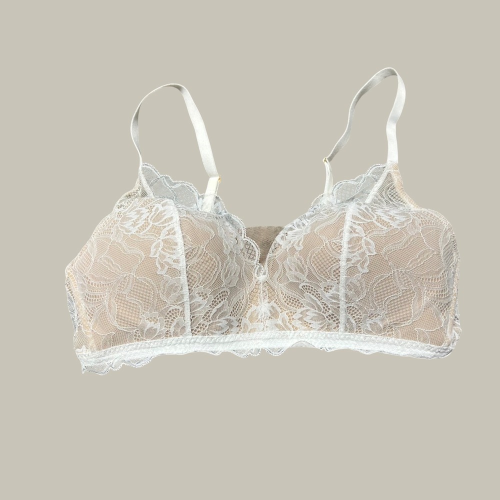 Natori White Lace Nude Lined Bralette Wireless Bra 36C 733251 Floral Adjustable